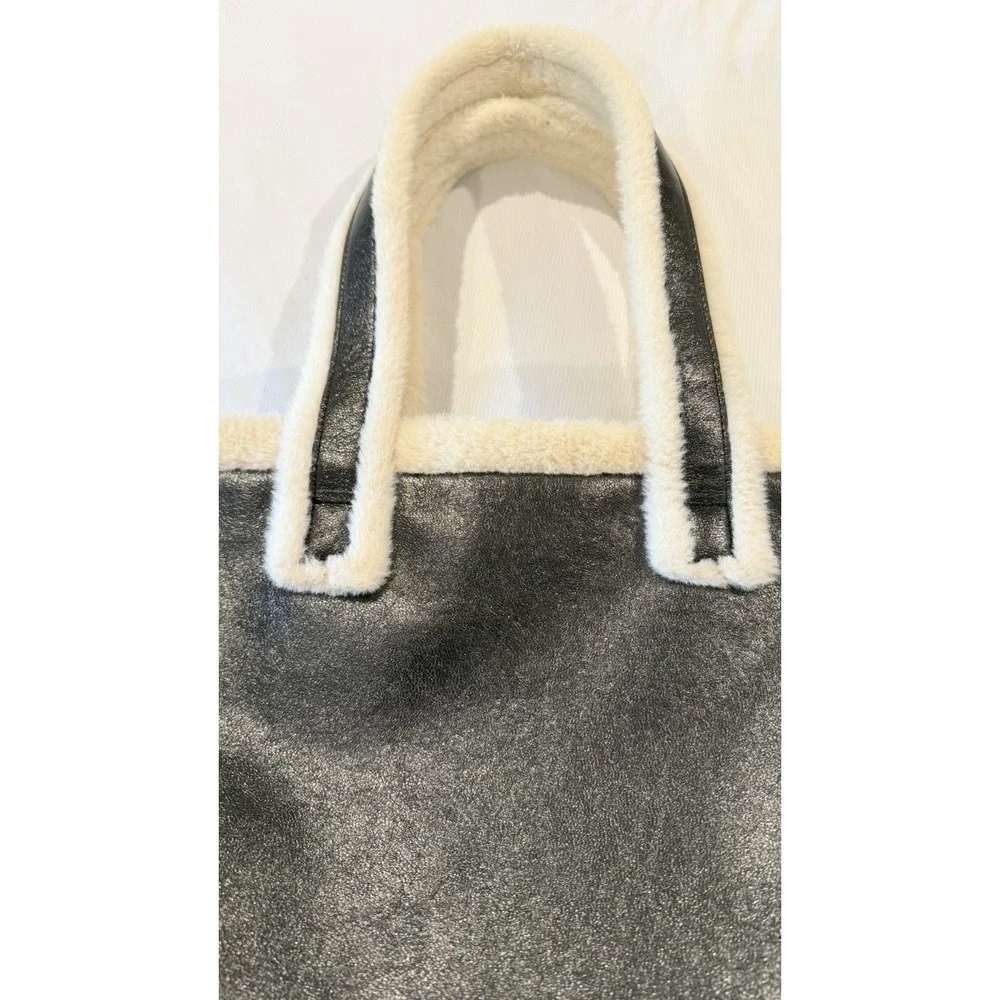 BCBGeneration Tote Black Faux Leather with White Faux Fur Trim 14x18